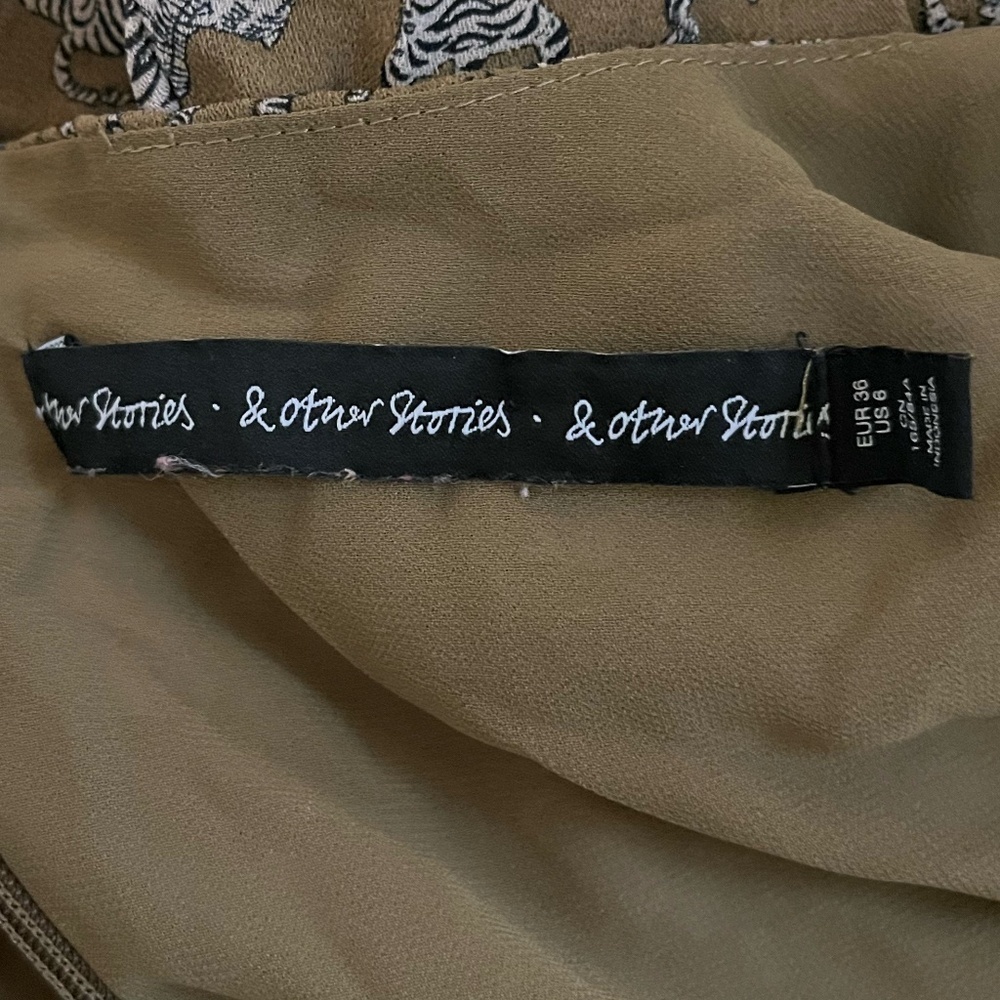 & OTHER STORIES | Khaki Olive Tiger Printed Flounce Mini Ruched Dress | Size 6 - Picture 3 of 12